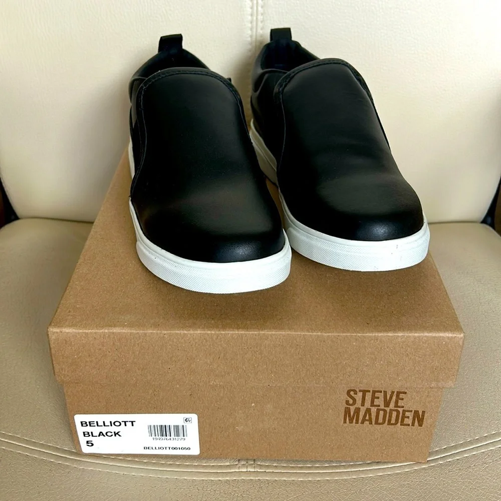Steve Madden Boys Black Slip-On Sneakers with White Sole